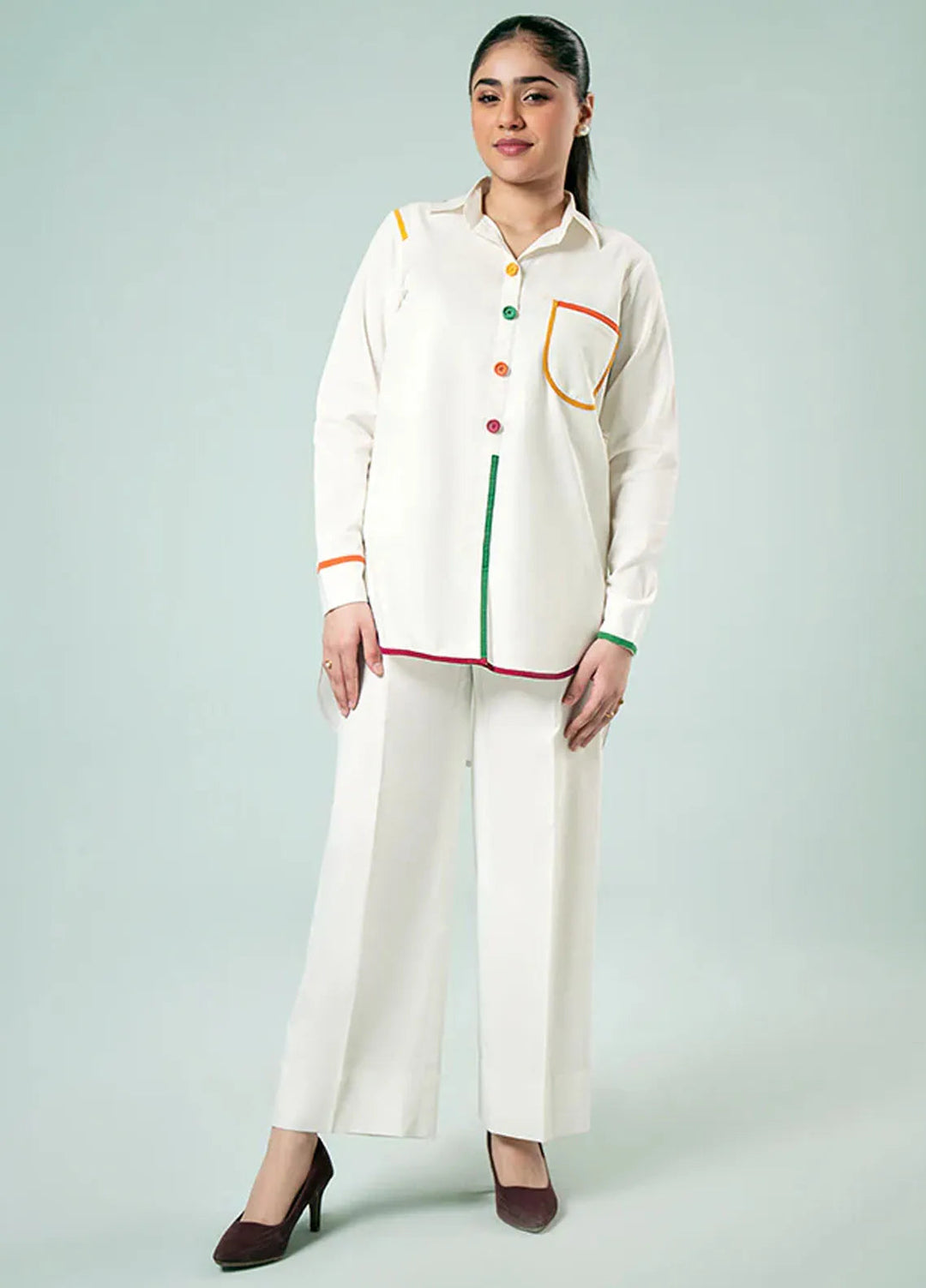 Fozia Khalid Pret Casual Cotton Kurti Striped Button-Down