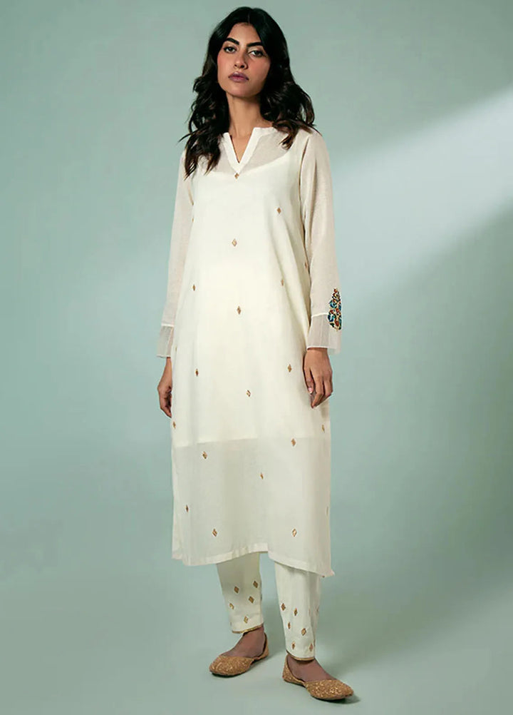 Fozia Khalid Pret Casual Karandi Kurti Ivory Sprinkled