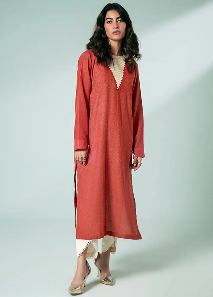 Fozia Khalid Pret Casual Karandi Kurti Rust