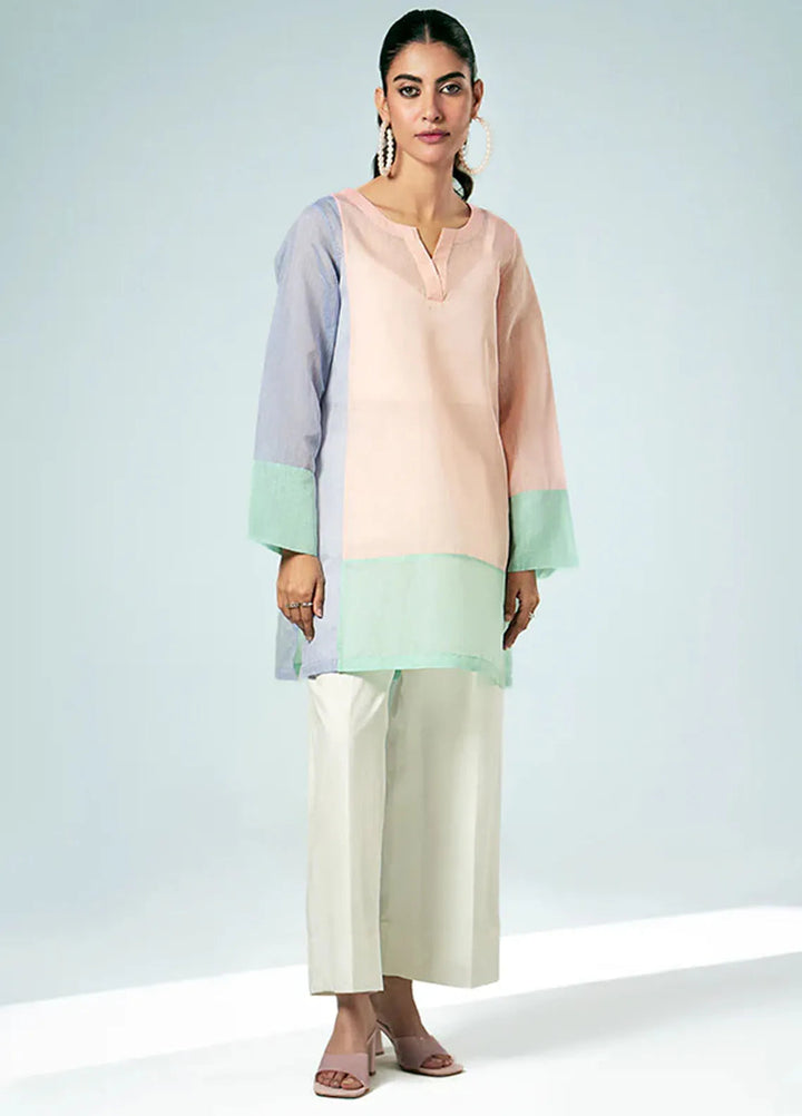 Fozia Khalid Pret Casual Silk Kurti Pastel Contrast Tunic