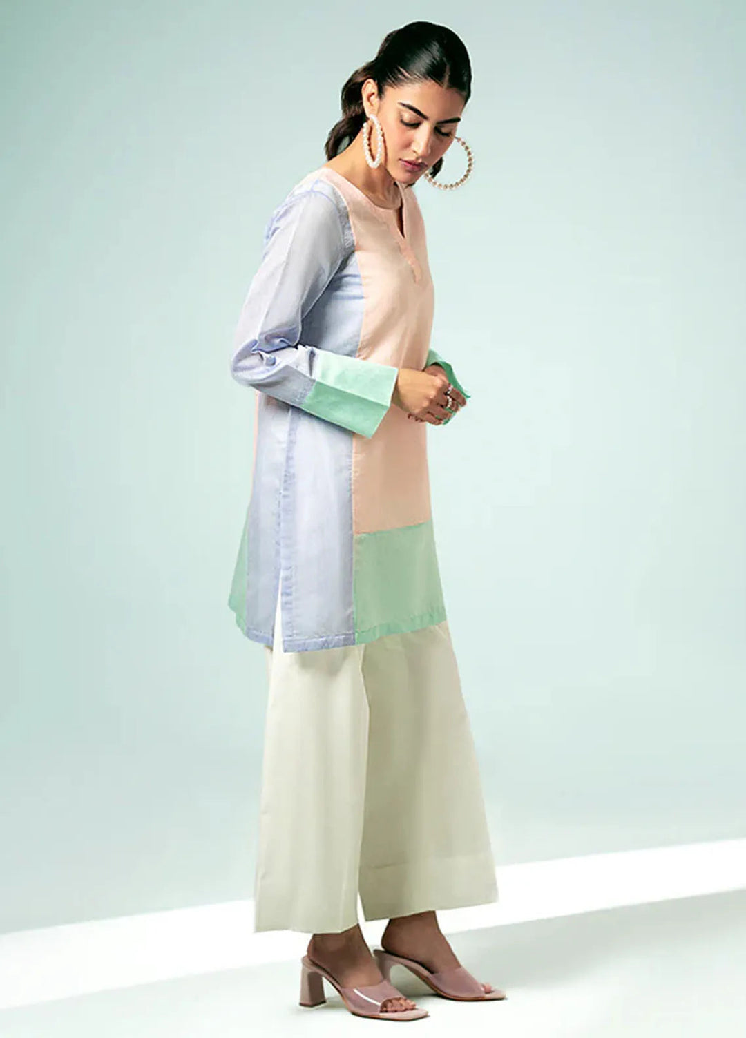 Fozia Khalid Pret Casual Silk Kurti Pastel Contrast Tunic