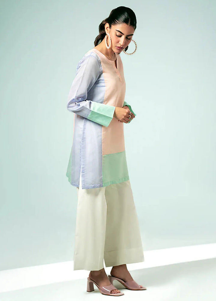 Fozia Khalid Pret Casual Silk Kurti Pastel Contrast Tunic