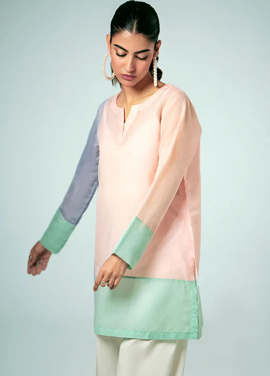 Fozia Khalid Pret Casual Silk Kurti Pastel Contrast Tunic