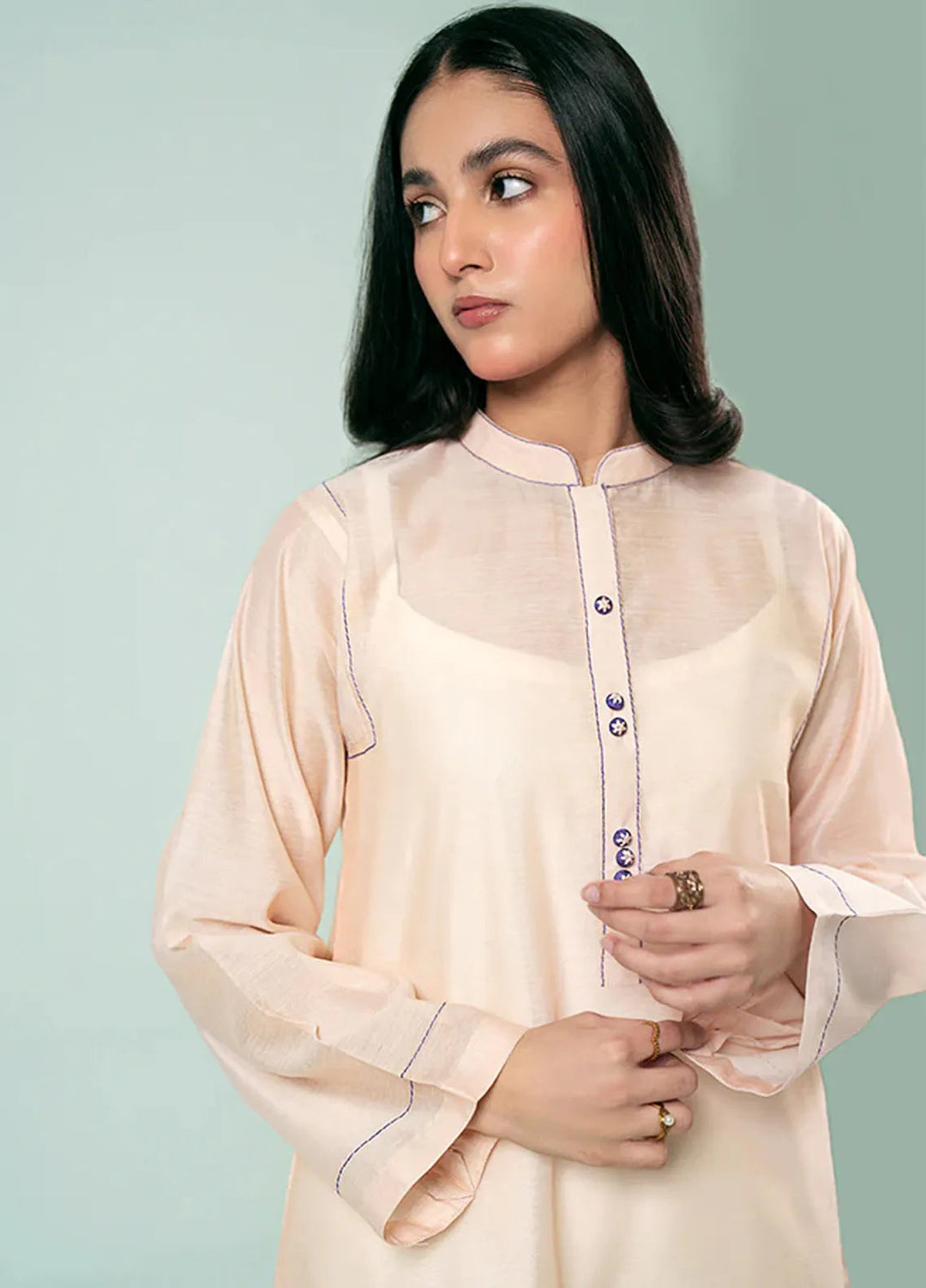 Fozia Khalid Pret Casual Silk Kurti Peach Blossom