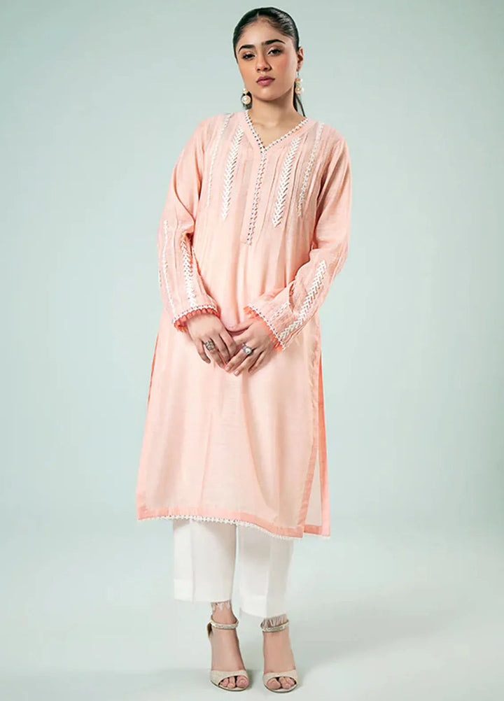 Fozia Khalid Pret Casual Silk Kurti Peachy Lace Tunic