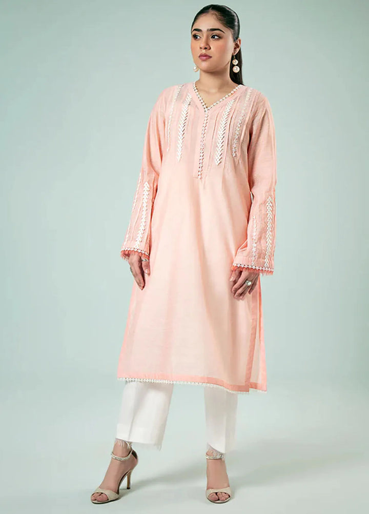Fozia Khalid Pret Casual Silk Kurti Peachy Lace Tunic