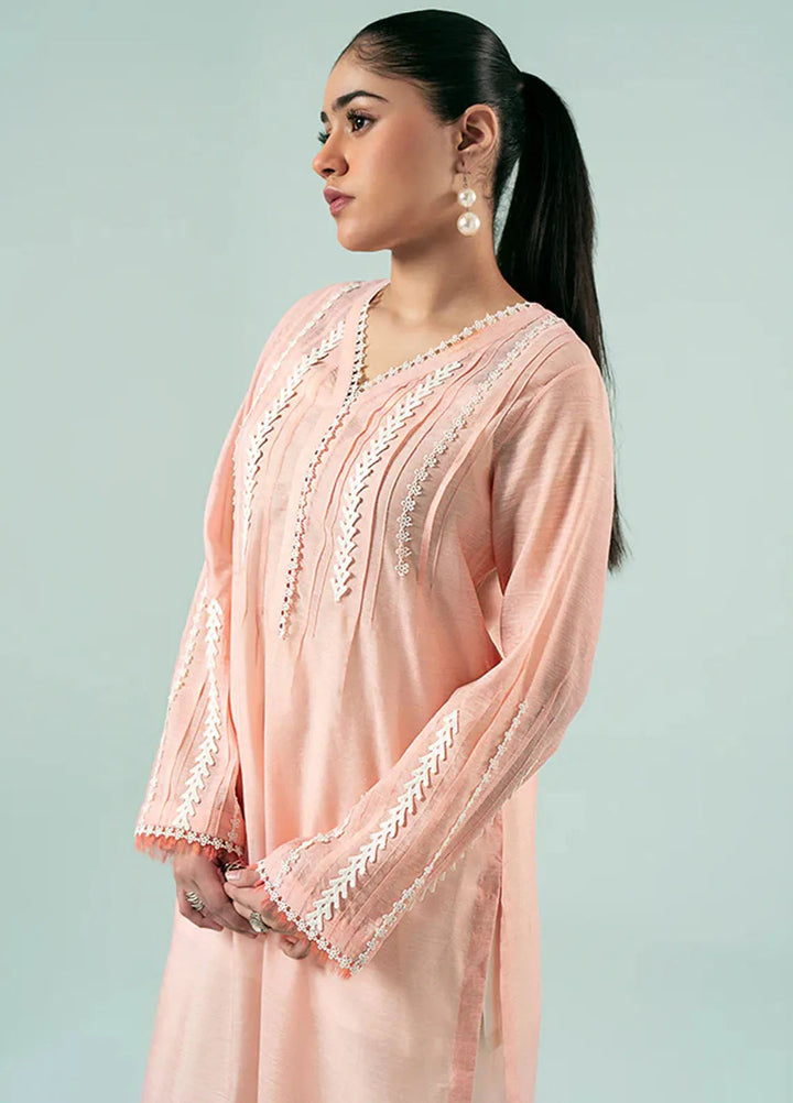 Fozia Khalid Pret Casual Silk Kurti Peachy Lace Tunic