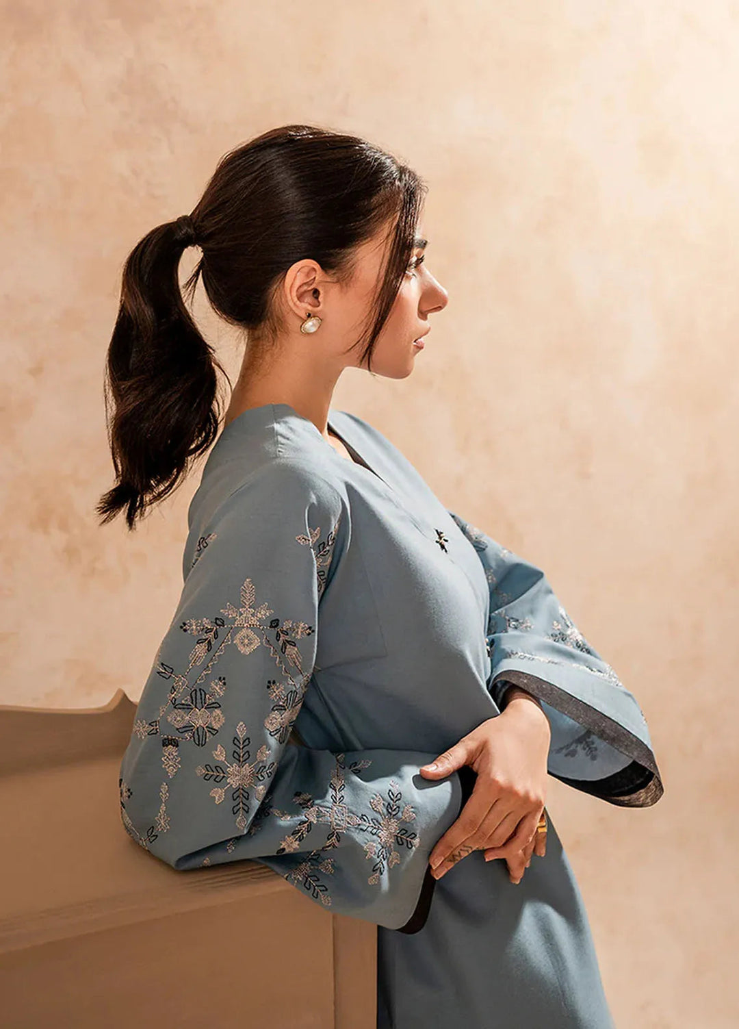 Fozia Khalid Pret Embroidered Cotton Kurti Cerulean Blue Tunic