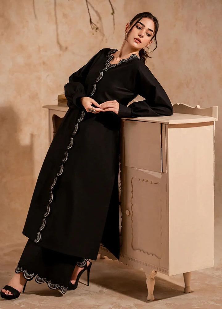 Fozia Khalid Pret Embroidered Cotton Kurti Midnight Black Tunic