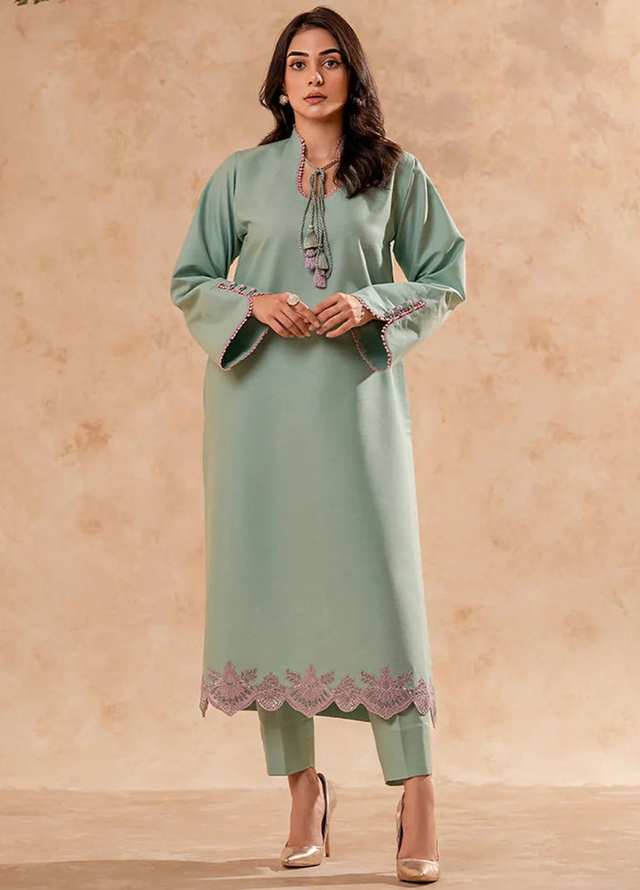 Fozia Khalid Pret Embroidered Cotton Kurti Pastel Turquoise Tunic