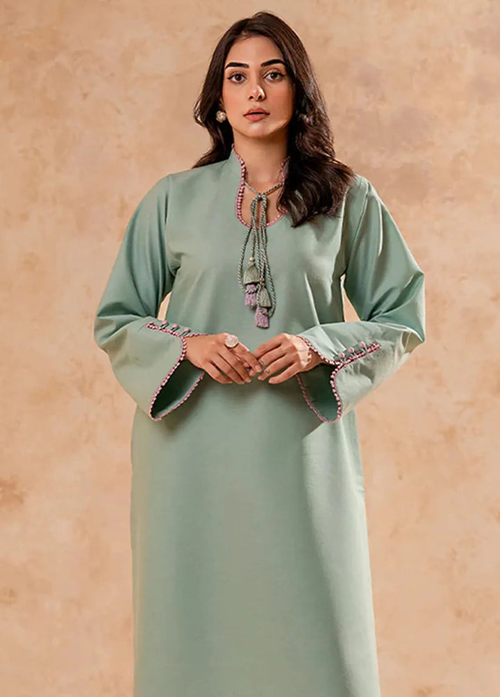 Fozia Khalid Pret Embroidered Cotton Kurti Pastel Turquoise Tunic