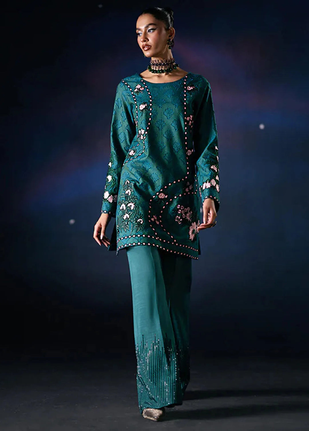 Fozia Khalid Pret Embroidered Cotton net 2 Piece Suit Terra