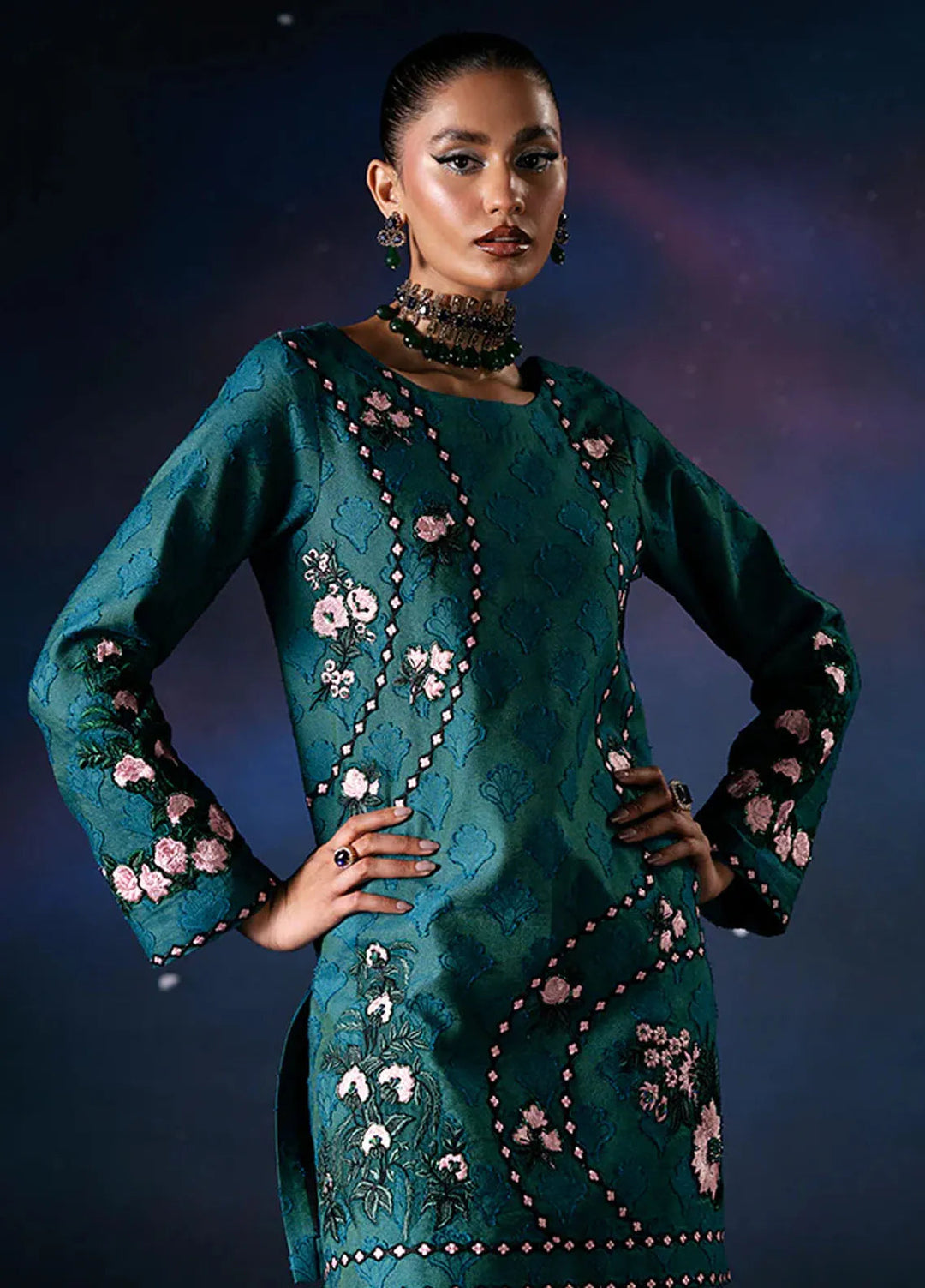 Fozia Khalid Pret Embroidered Cotton net 2 Piece Suit Terra