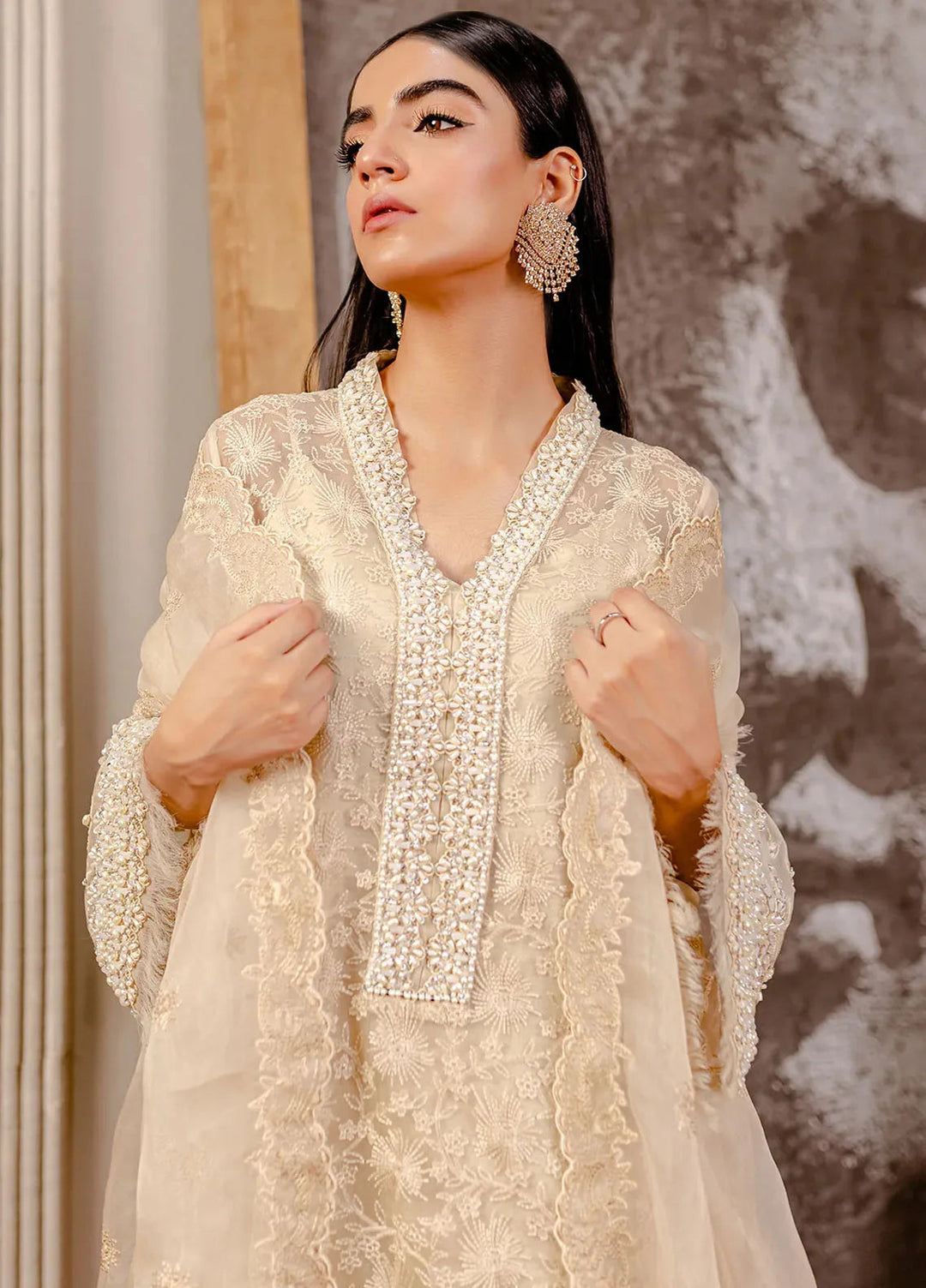 Fozia Khalid Pret Embroidered Organza 3 Piece Suit Chanterelle Beige