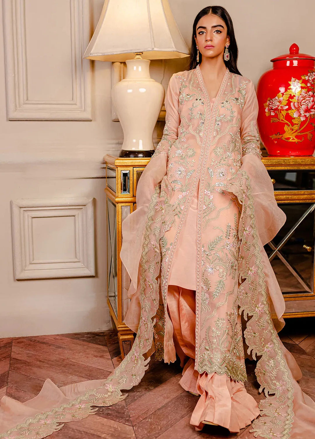 Fozia Khalid Pret Embroidered Organza 3 Piece Suit Juliet Peach