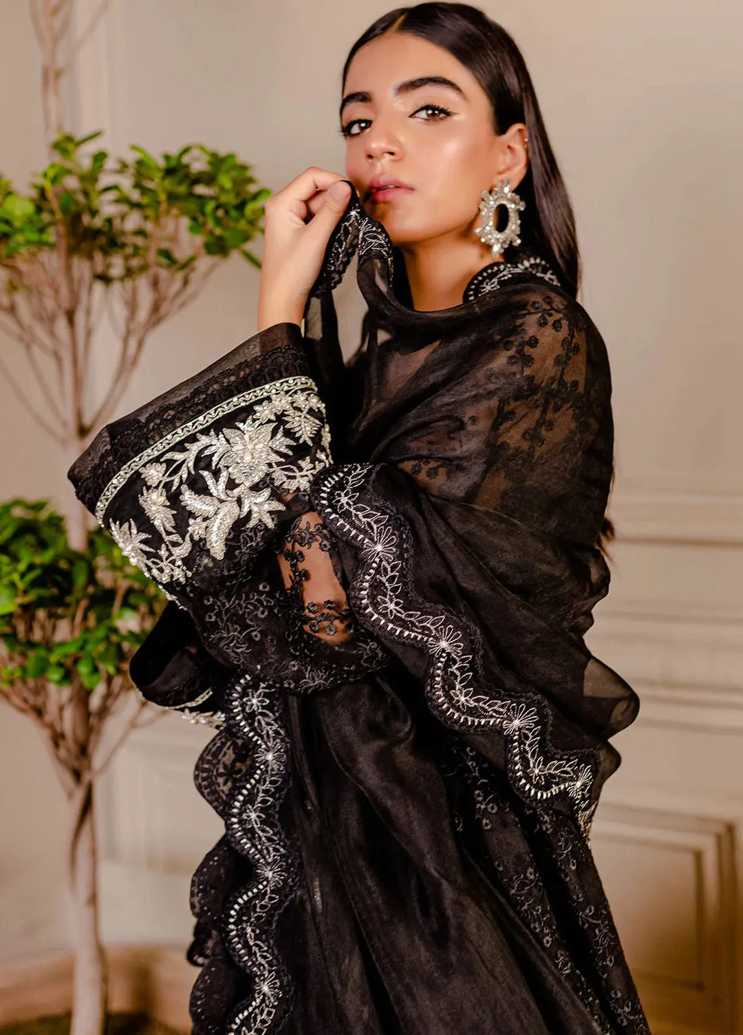 Fozia Khalid Pret Embroidered Organza 3 Piece Suit Raven Black