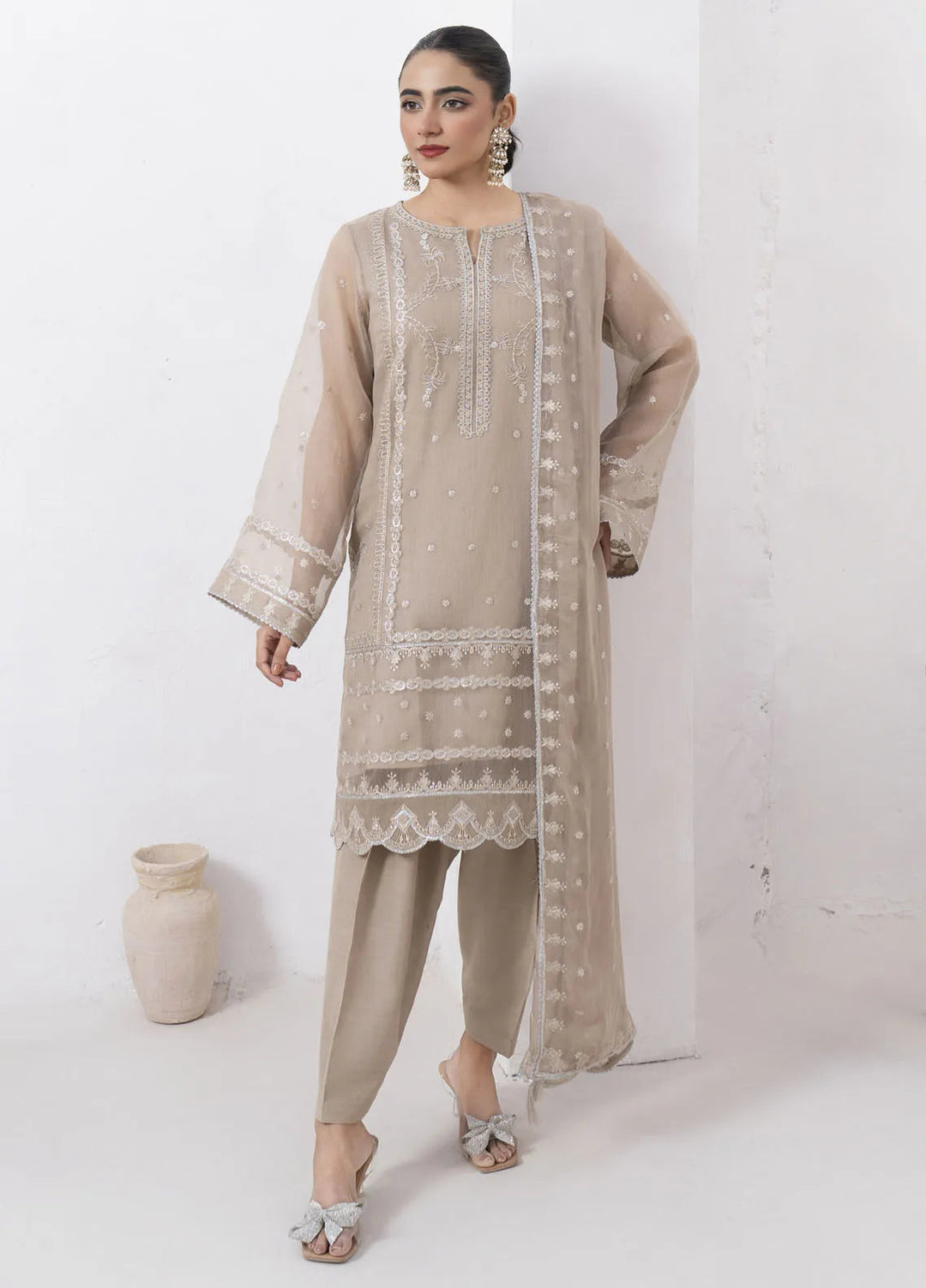 Fozia Khalid Pret Embroidered Organza 4 Piece Suit Beige
