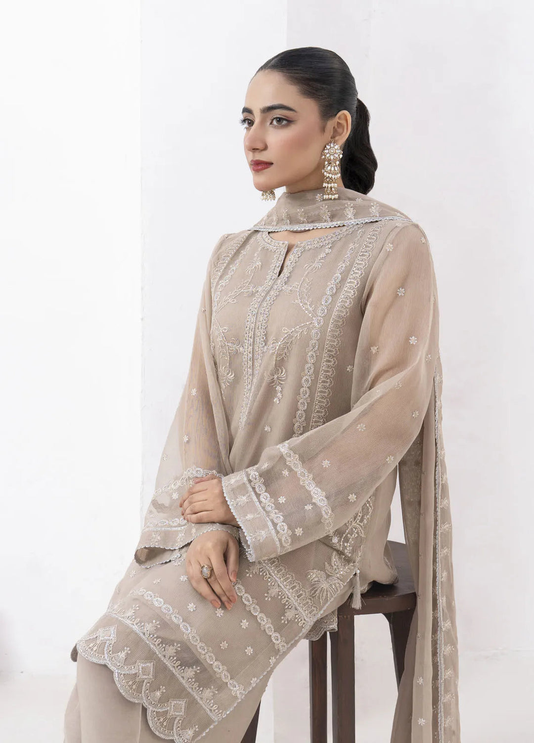 Fozia Khalid Pret Embroidered Organza 4 Piece Suit Beige