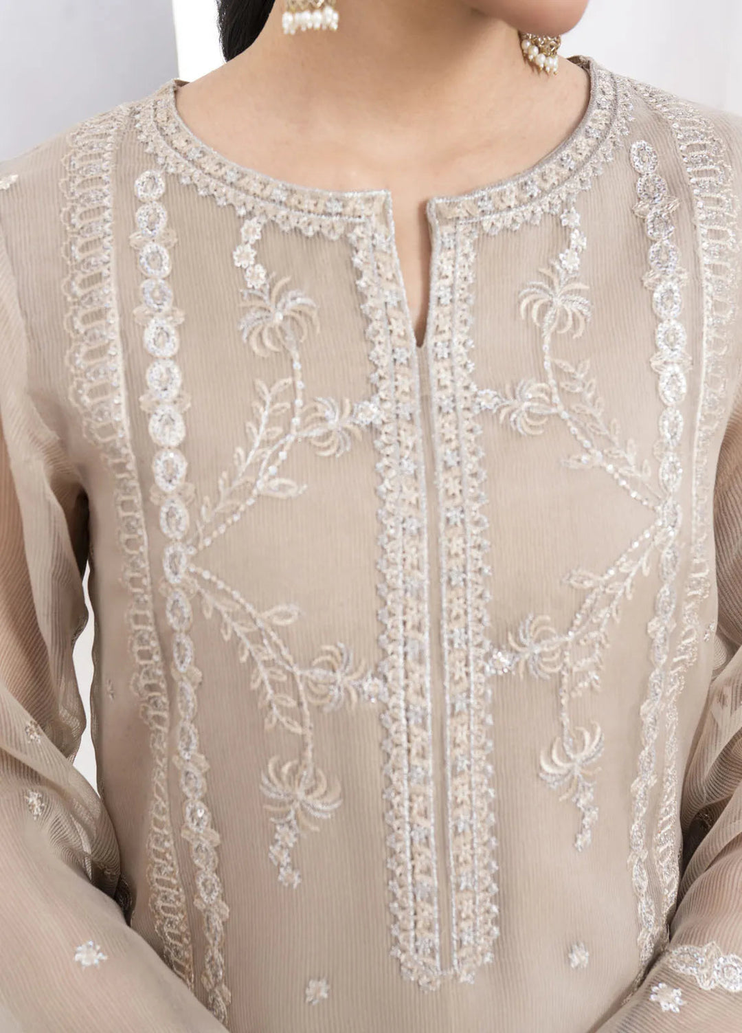 Fozia Khalid Pret Embroidered Organza 4 Piece Suit Beige