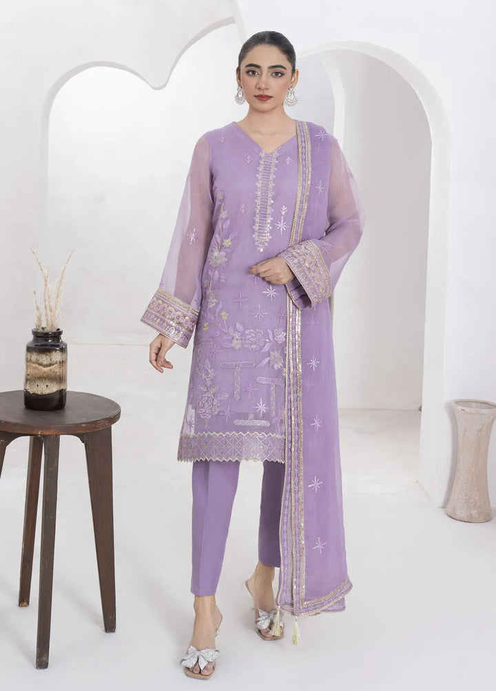 Fozia Khalid Pret Embroidered Organza 4 Piece Suit Lavendar