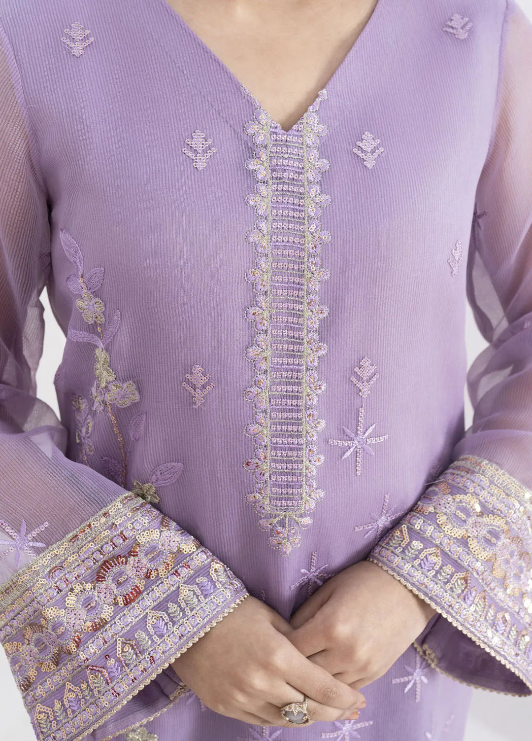 Fozia Khalid Pret Embroidered Organza 4 Piece Suit Lavendar