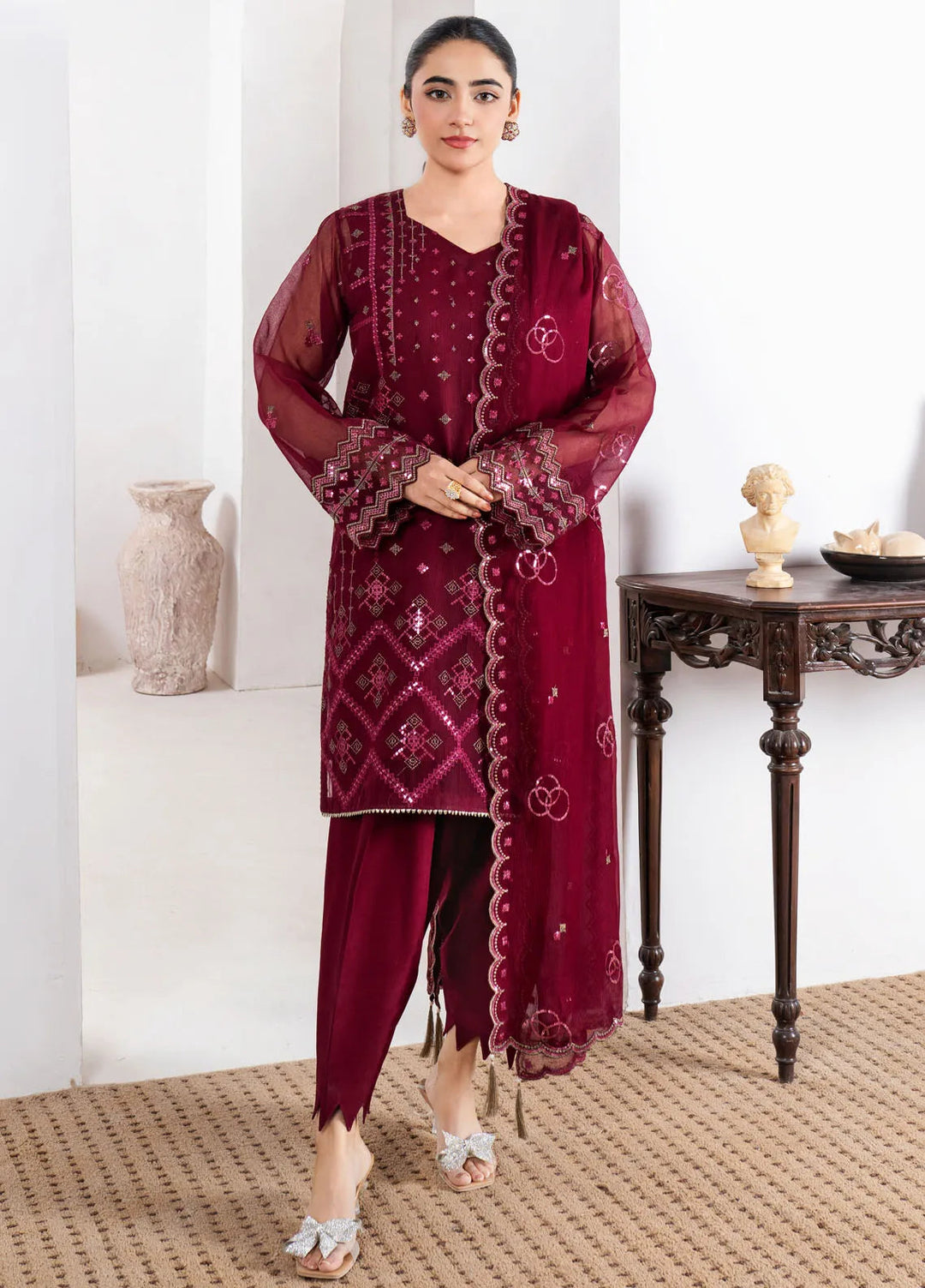 Fozia Khalid Pret Embroidered Organza 4 Piece Suit Maroon