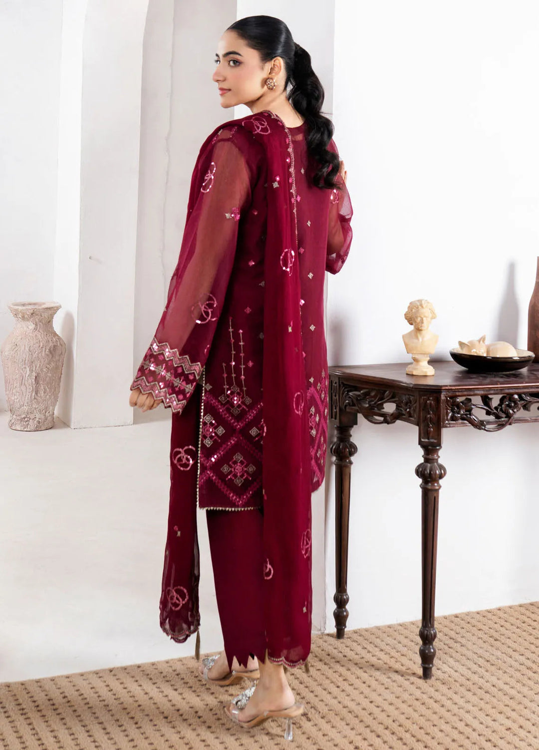 Fozia Khalid Pret Embroidered Organza 4 Piece Suit Maroon