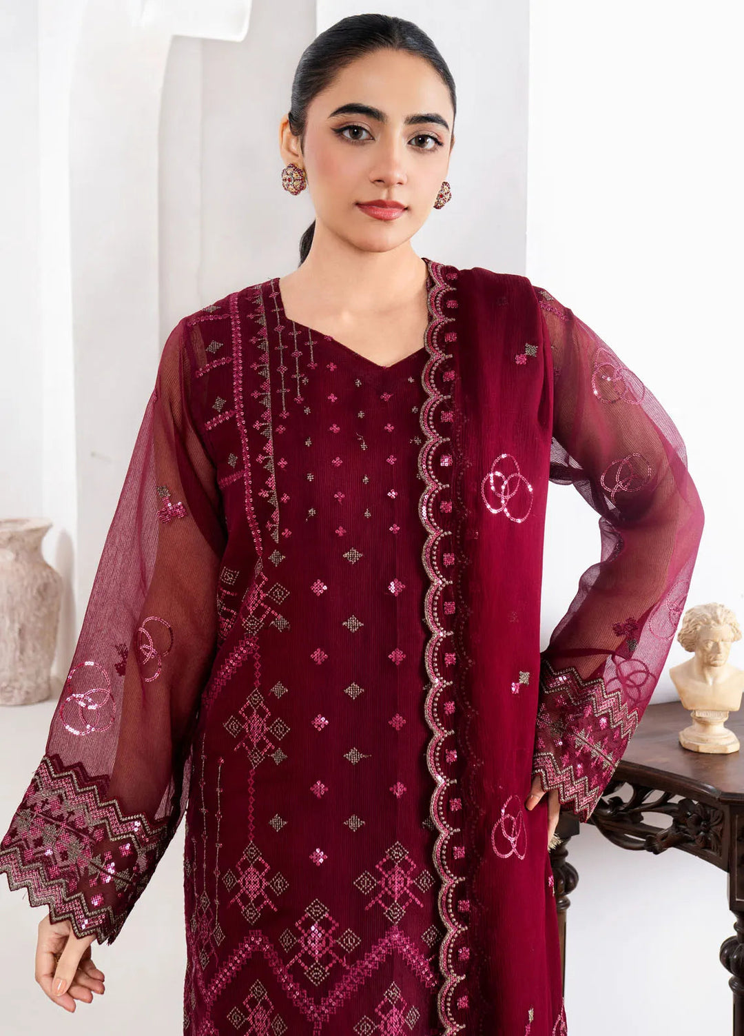Fozia Khalid Pret Embroidered Organza 4 Piece Suit Maroon