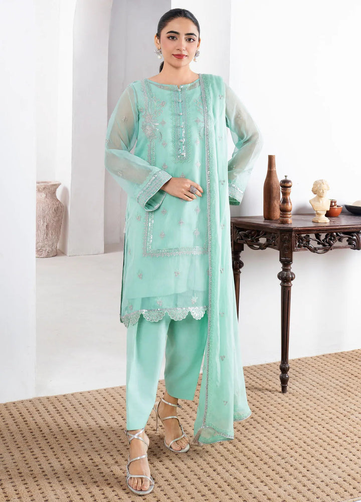 Fozia Khalid Pret Embroidered Organza 4 Piece Suit Mint Green
