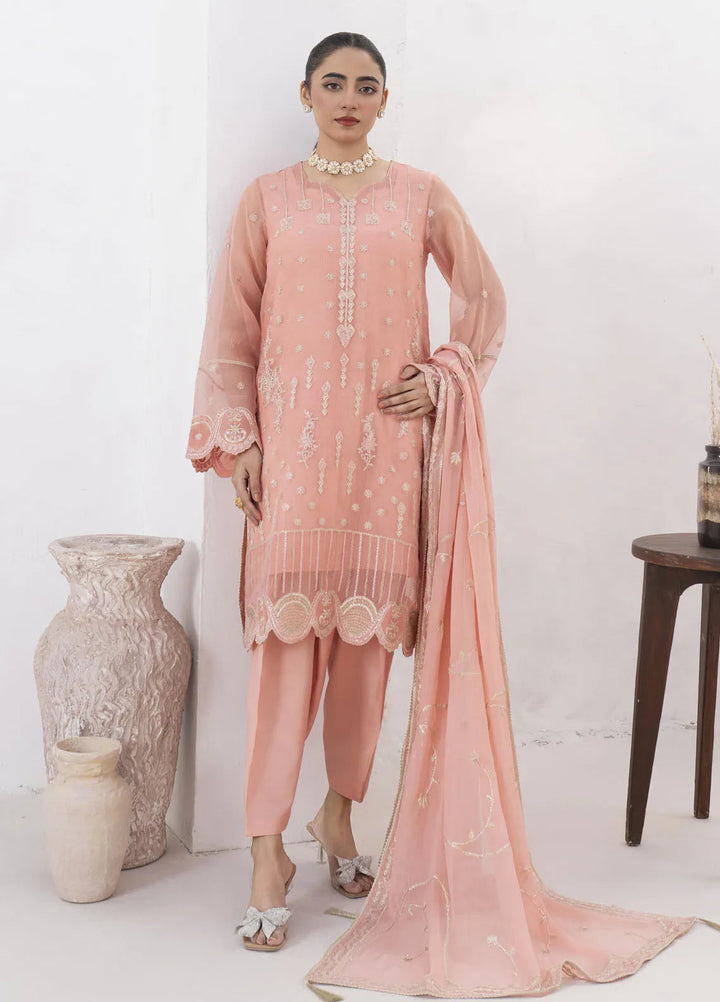 Fozia Khalid Pret Embroidered Organza 4 Piece Suit Peach