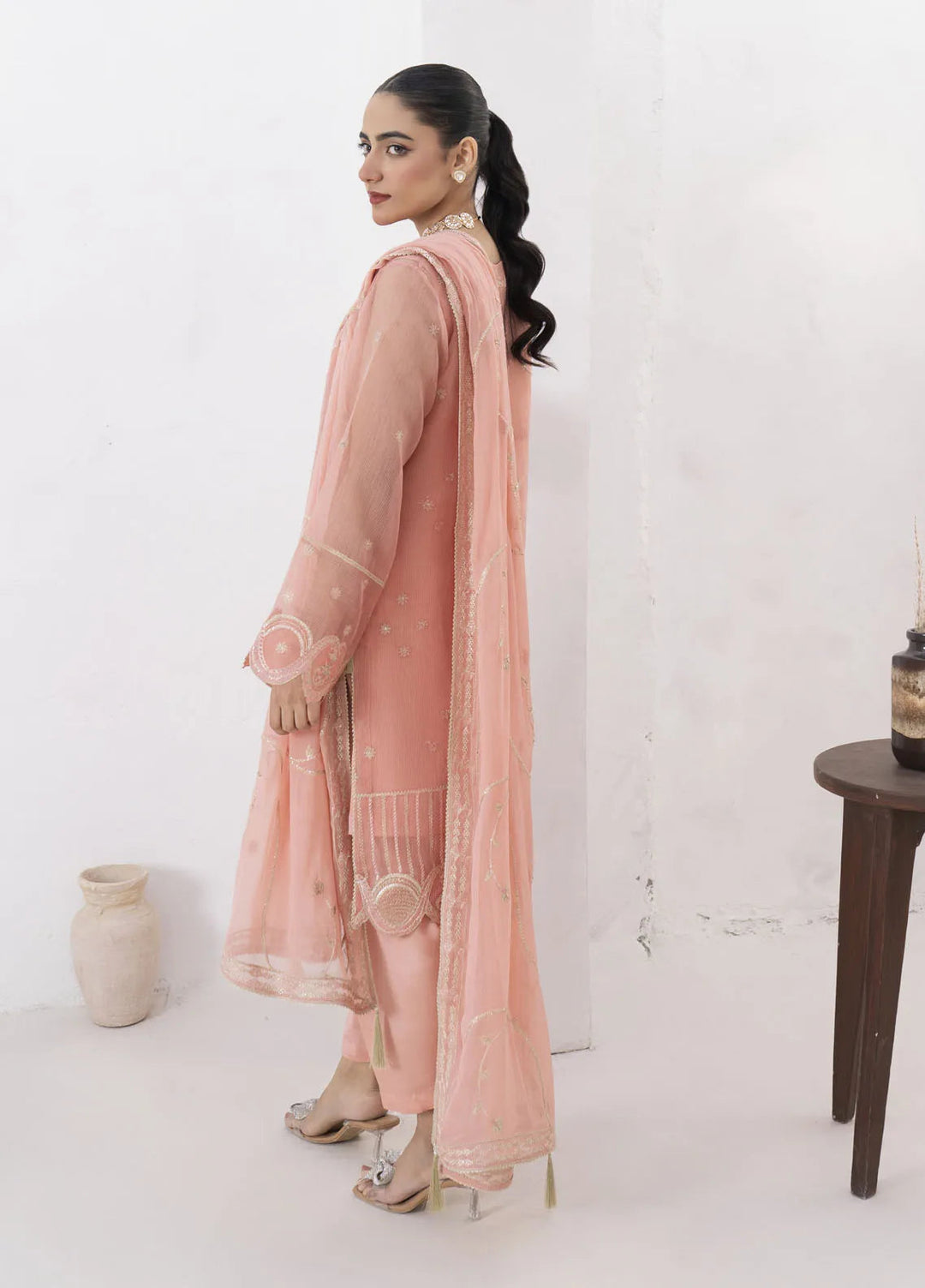 Fozia Khalid Pret Embroidered Organza 4 Piece Suit Peach
