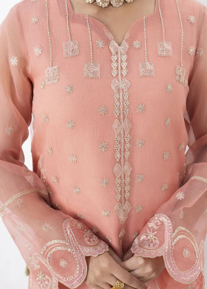 Fozia Khalid Pret Embroidered Organza 4 Piece Suit Peach