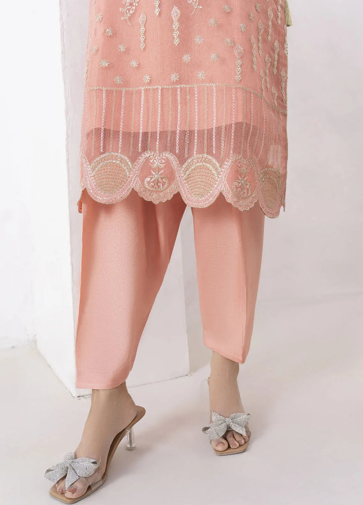 Fozia Khalid Pret Embroidered Organza 4 Piece Suit Peach