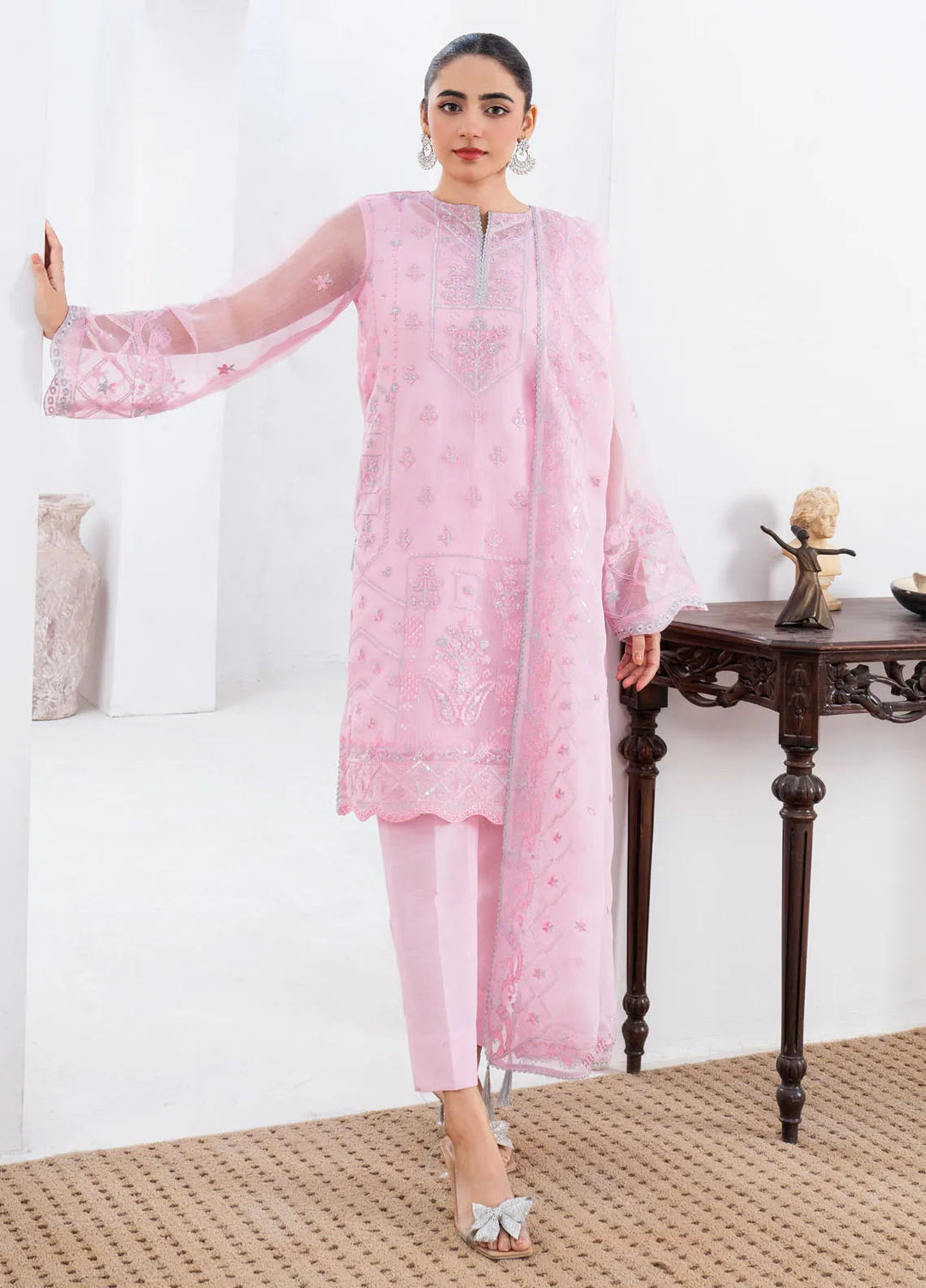 Fozia Khalid Pret Embroidered Organza 4 Piece Suit Pink
