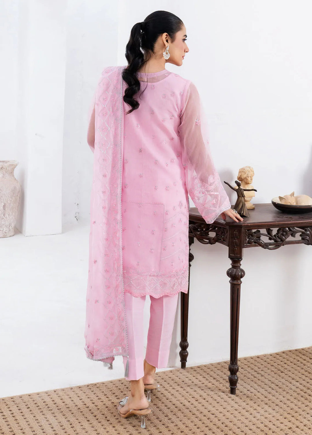 Fozia Khalid Pret Embroidered Organza 4 Piece Suit Pink