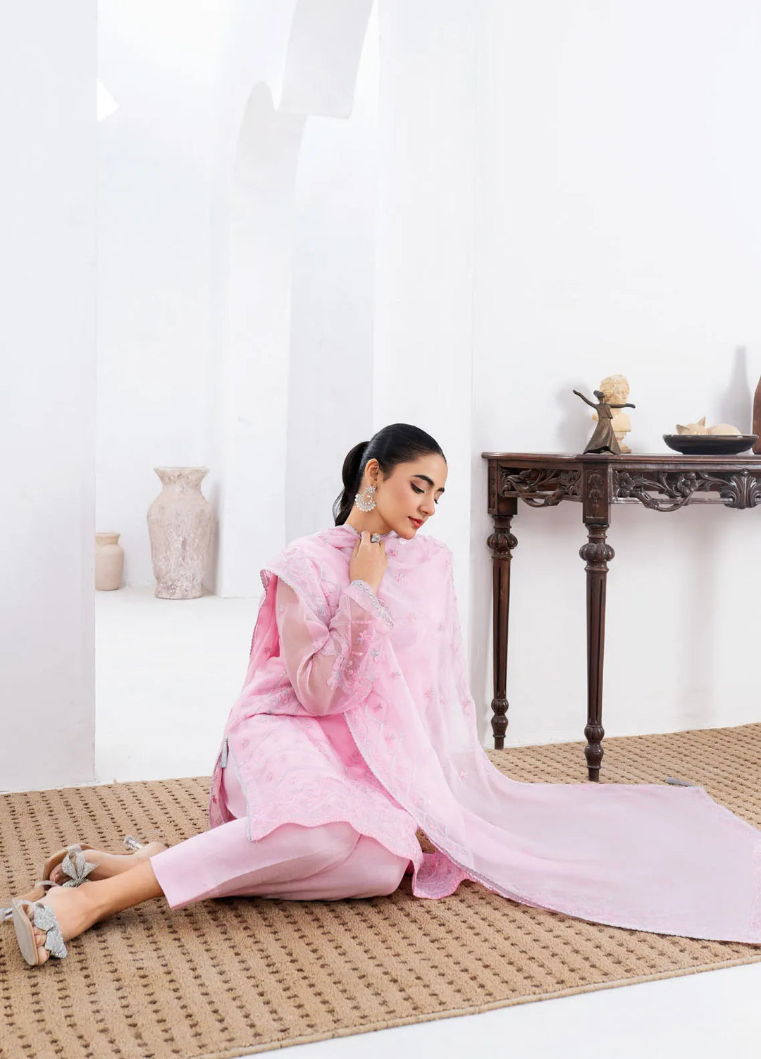 Fozia Khalid Pret Embroidered Organza 4 Piece Suit Pink