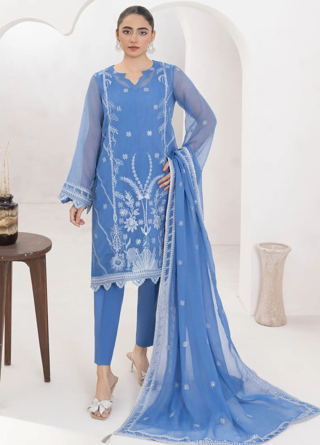 Fozia Khalid Pret Embroidered Organza 4 Piece Suit Teal Blue