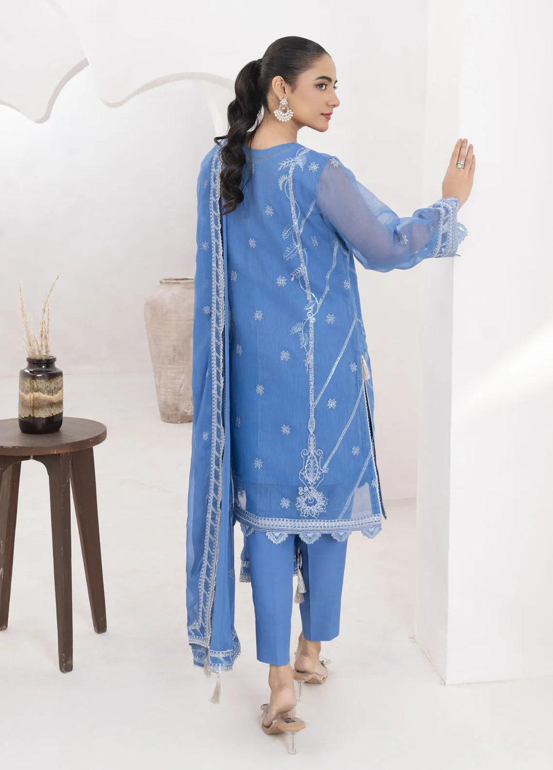 Fozia Khalid Pret Embroidered Organza 4 Piece Suit Teal Blue