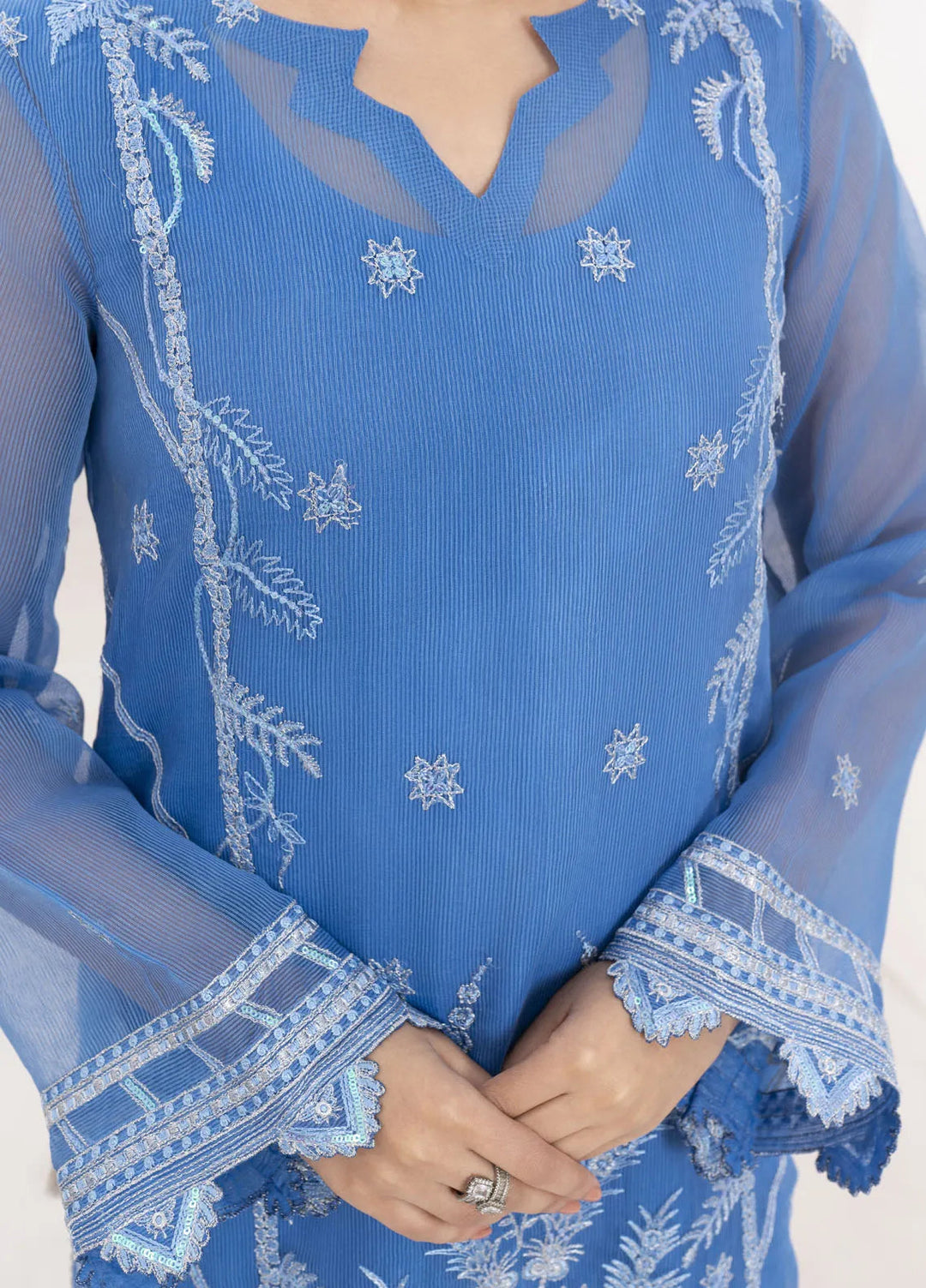 Fozia Khalid Pret Embroidered Organza 4 Piece Suit Teal Blue