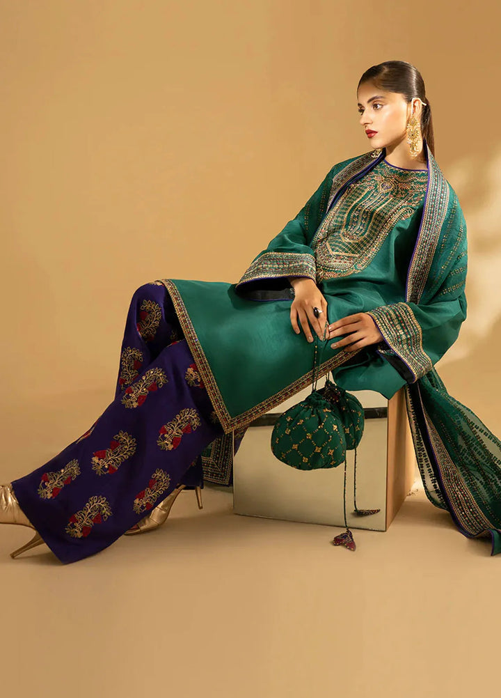 Fozia Khalid Pret Embroidered Raw Silk 3 Piece Suit Emerald Craftsmanship