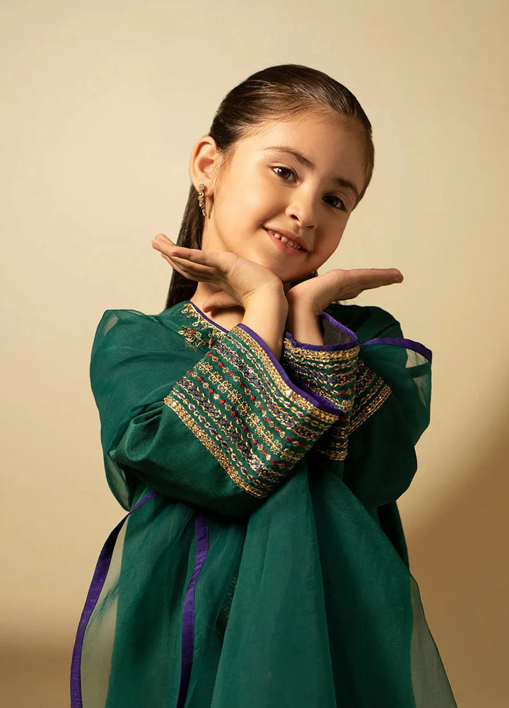 Fozia Khalid Pret Embroidered Raw Silk 3 Piece Suit For Kids Emerald Craftmanship