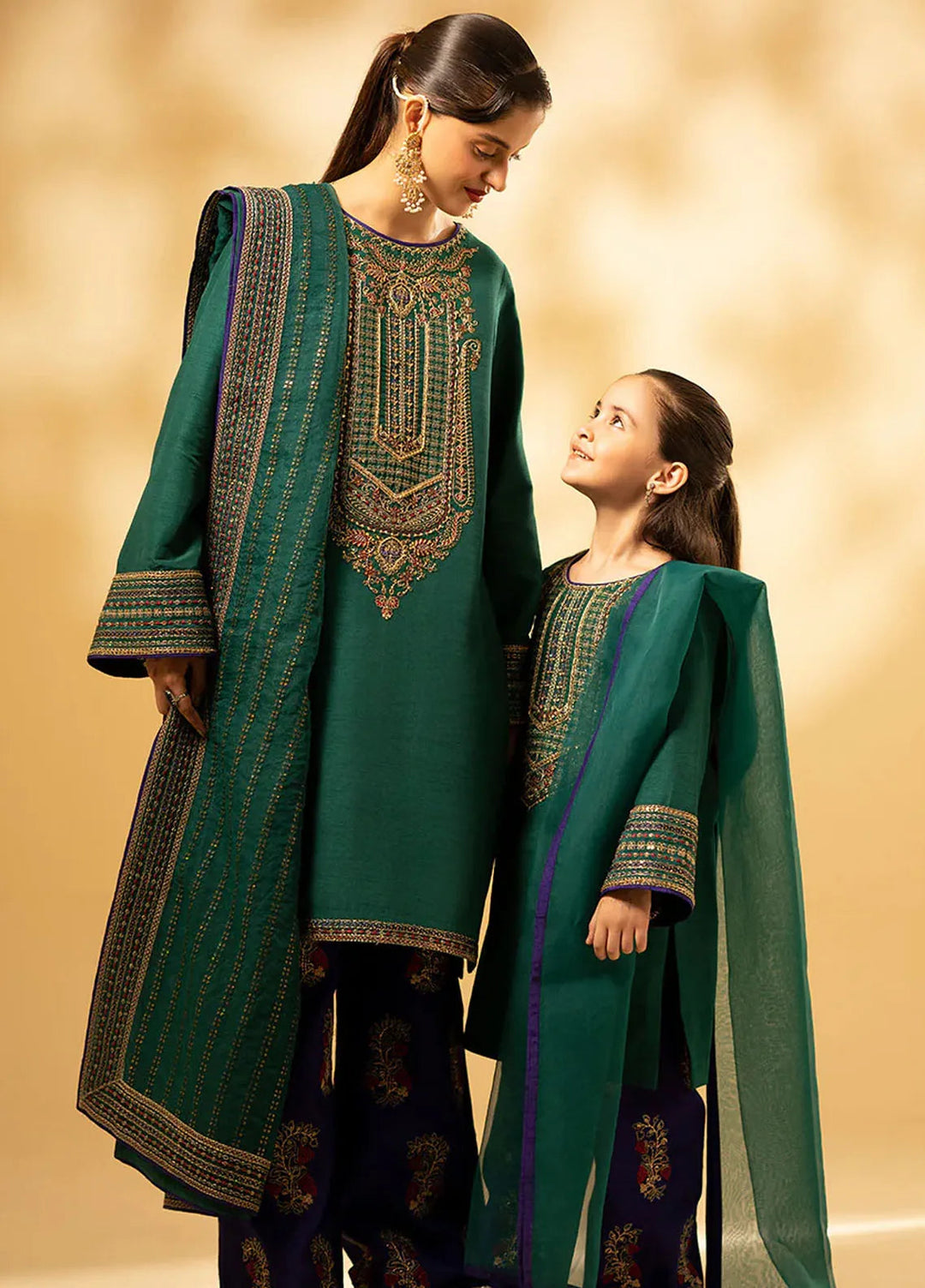 Fozia Khalid Pret Embroidered Raw Silk 3 Piece Suit For Kids Emerald Craftmanship