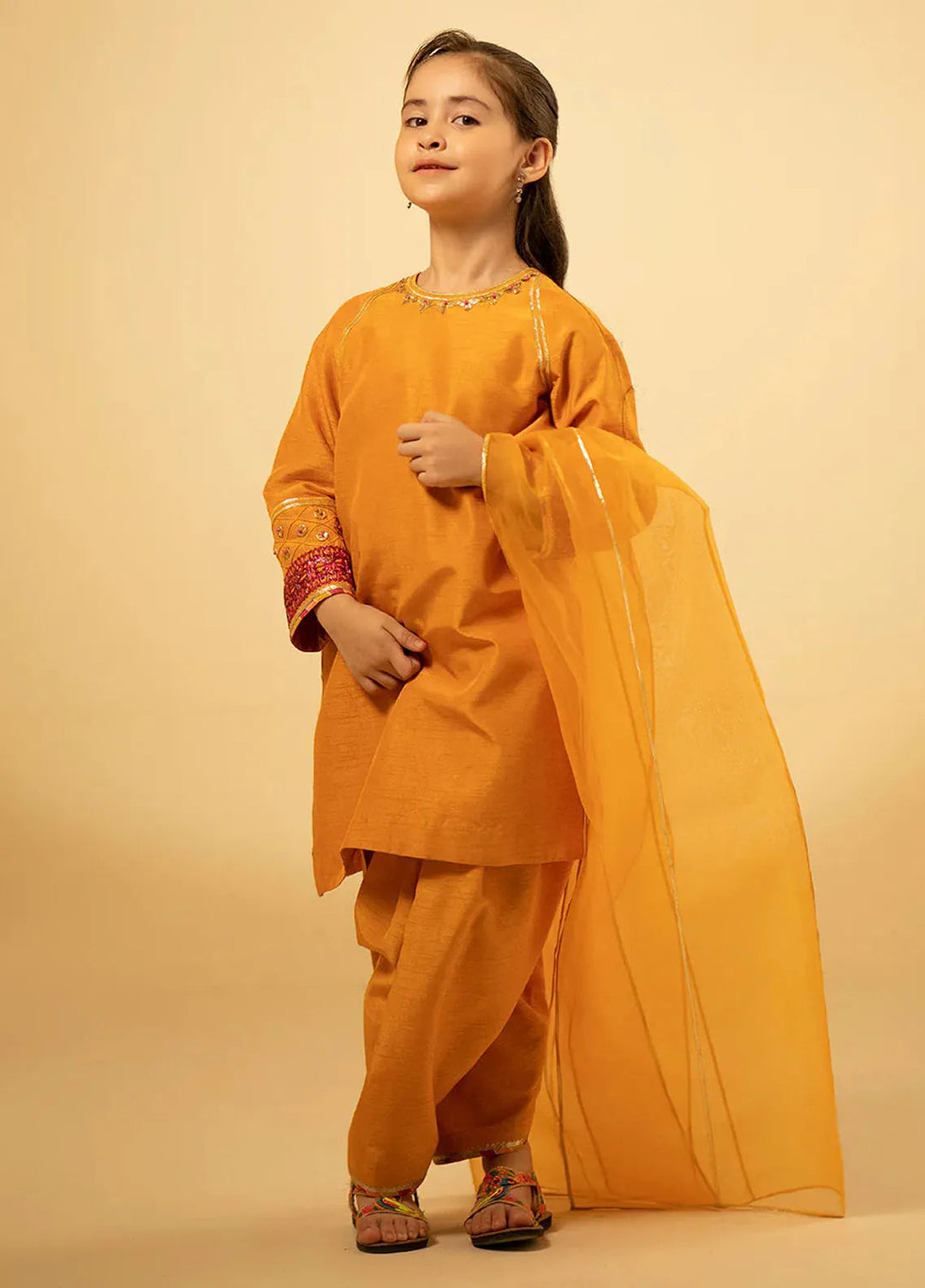 Fozia Khalid Pret Embroidered Raw Silk 3 Piece Suit For Kids Luxe Amber