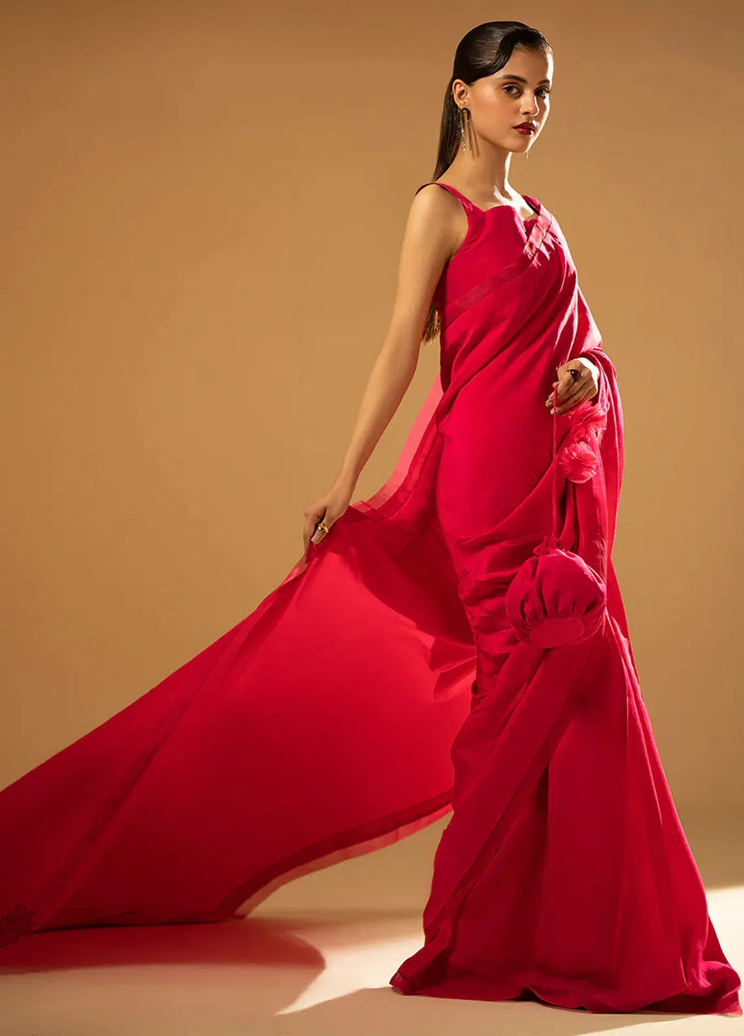 Fozia Khalid Pret Embroidered Raw Silk Saree Fuchsia Finesse