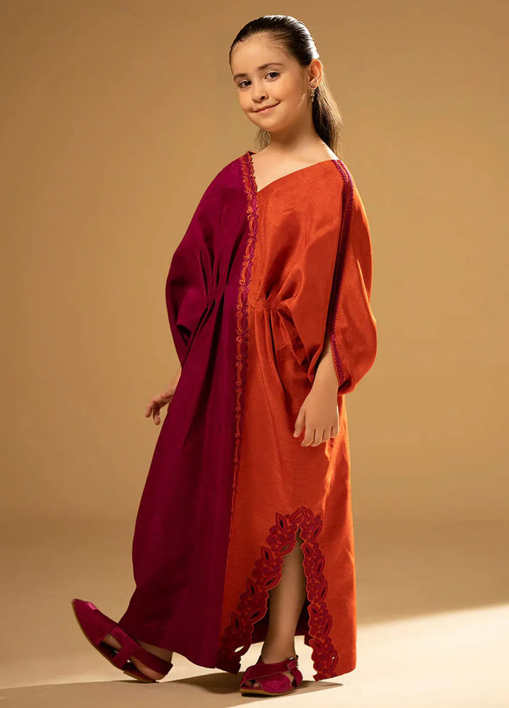 Fozia Khalid Pret Embroidered Raw Silk Split-Tone Kaftan For Kids