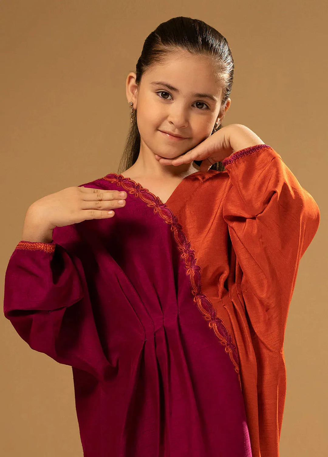 Fozia Khalid Pret Embroidered Raw Silk Split-Tone Kaftaan For Kids