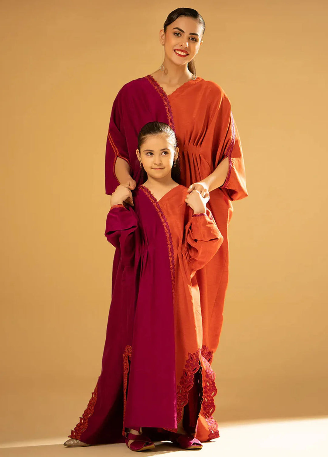 Fozia Khalid Pret Embroidered Raw Silk Split-Tone Kaftaan For Kids