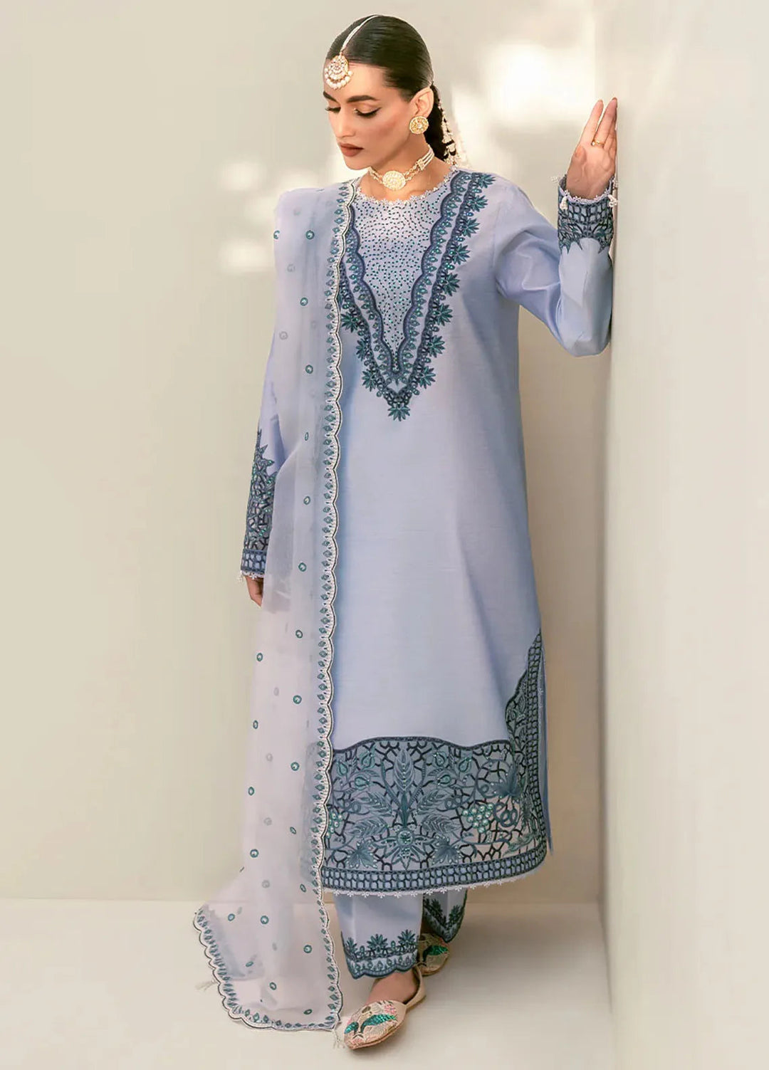 Fozia Khalid Pret Embroidered Silk 3 Piece Suit Heather Blue