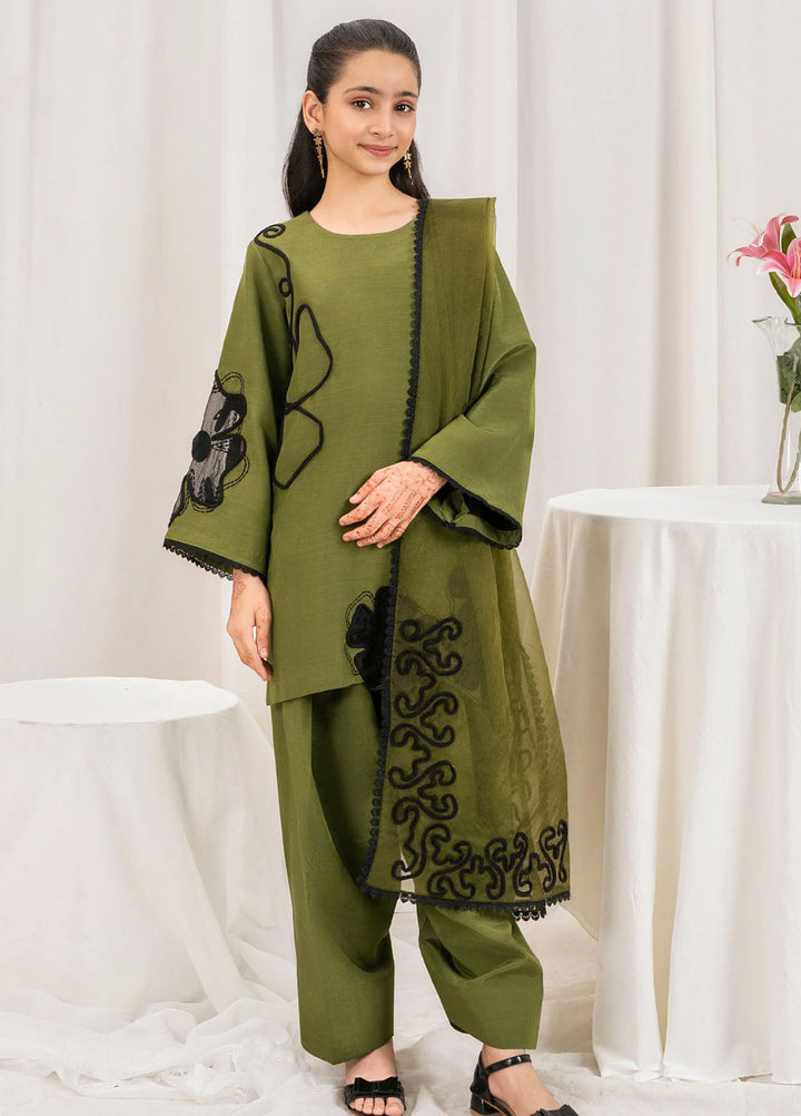 Fozia Khalid Pret Embroidered Silk 3 Piece Suit Olive Kids