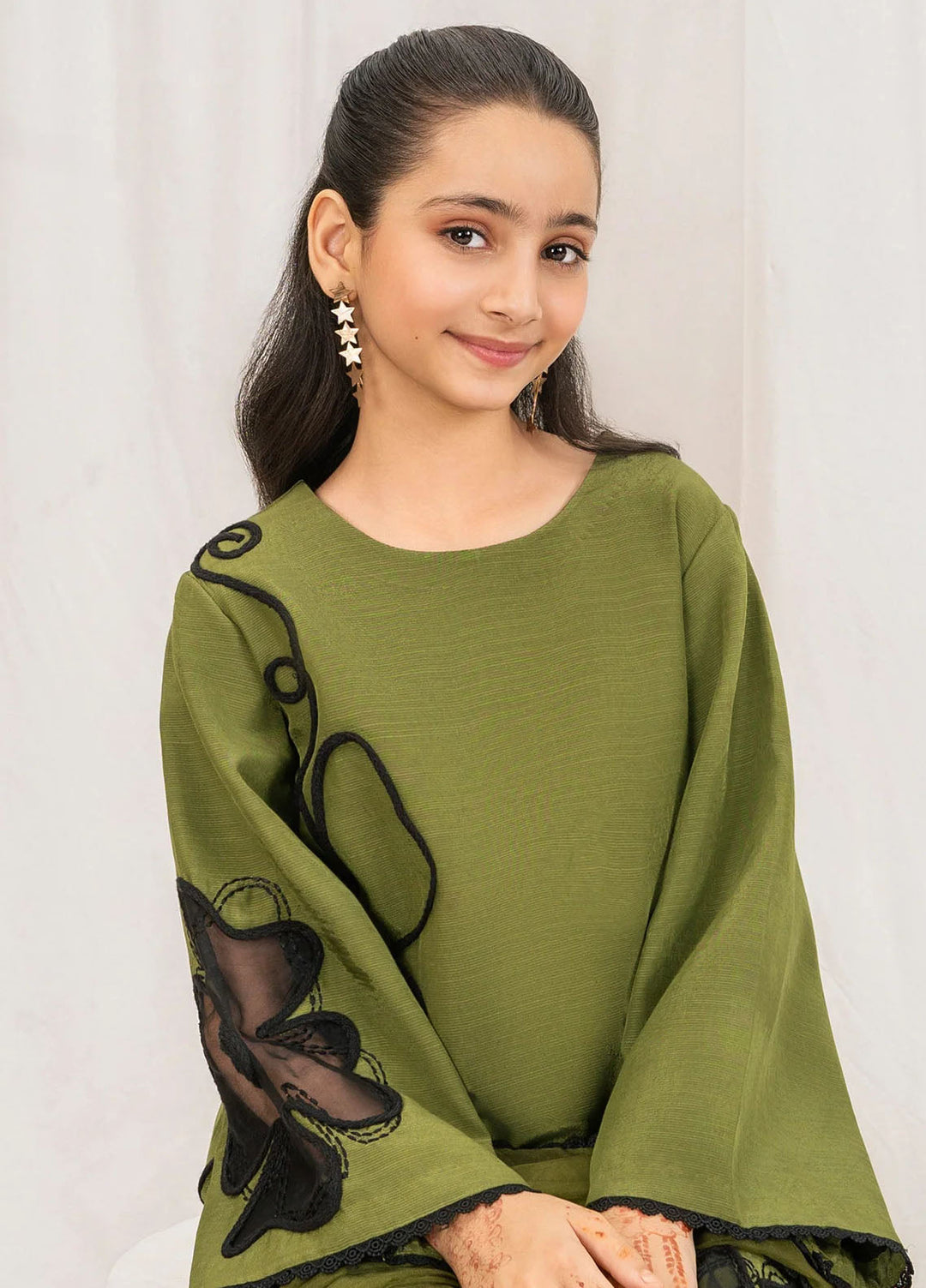 Fozia Khalid Pret Embroidered Silk 3 Piece Suit Olive Kids